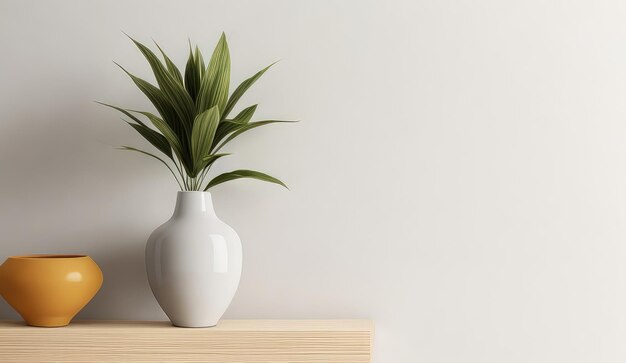 Mockup of a white wall with a green plant and vase copy space on the right