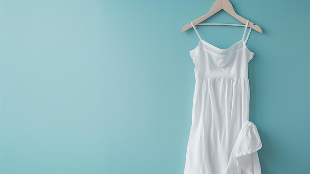 Photo mockup of white women cotton dress on blue background layout mock up ready for your design preview