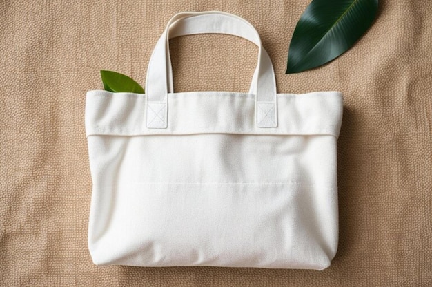 Mockup of a white women's textile bag on a beige plain fabric