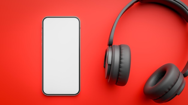 Mockup of wireless headphones and smartphone screen on red background3d rendering