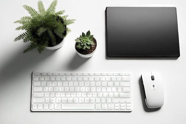 Mockup of a wireless keyboard a tablet computer a plant in a pot and office supplies on a white desk