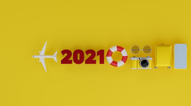 макет с самолетом, надувными плавательными кольцами, камерой, багажом и солнцезащитными очками