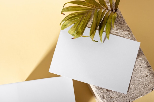 Foto mockup con carte di carta orizzontali vuote con spazio per la copia su un plinto con foglie di palma luce solare intensa e ombre su sfondo beige modello minimo per il layout aziendale vista dall'alto piatta