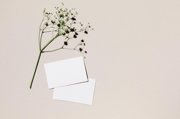 Mockup with blank paper business card and white small flowers\
over beige pastel background with trendy shadow and sunlight\
minimal business brand template flat lay top view