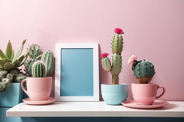 Mockup with blank white frame plant cactus cup of coffee or tea on pink table against blue wall