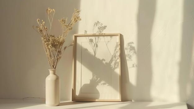 Mockup with a frame and dry flowers in a vase on a white table close up Generative AI