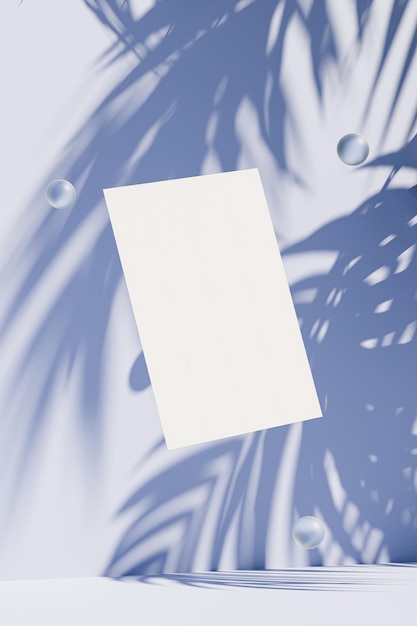 Photo mockup with paper card on blue tropical summer background, blank template for your design, branding, business. 3d render