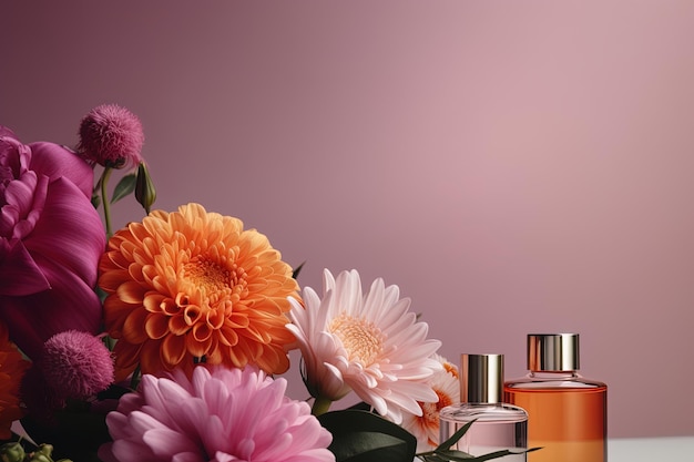 ピンクの背景に香水の小さなボトルと新鮮な花のモックアップ