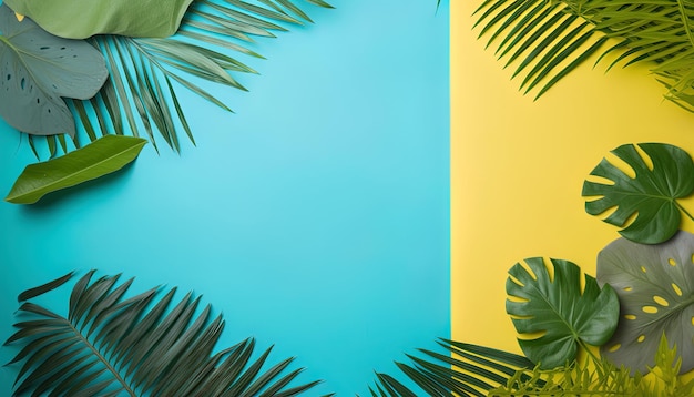 Mockup with tropical leaves on colorful background and empty space