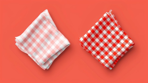 Mockup with white empty and red gingham handkerchief realistic modern illustration of folded cloth napkin or kitchen towel top view Textile tablecloth or restaurant serviette template