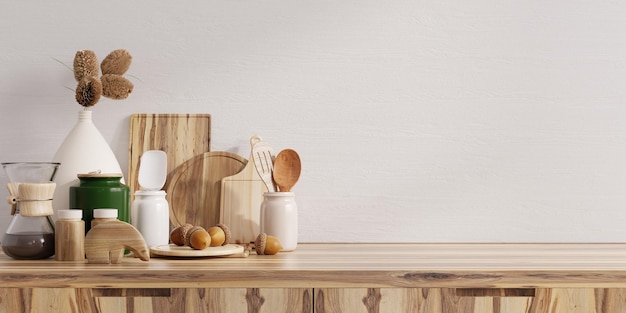 Mockup witte muur met keuken staande op houten plank