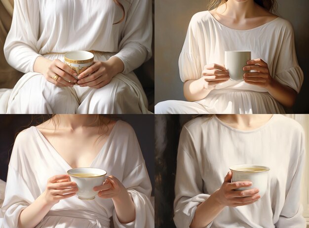 Mockup woman hands holding a white mug in the style of light br