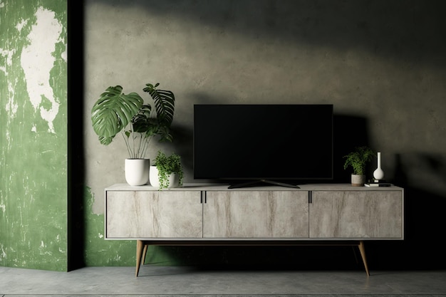 Mockup of a wood TV cabinet on a concrete wall in a living room