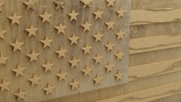 Mockup wooden national flag of the United States of America with 50 stars and 13 alternating stripes