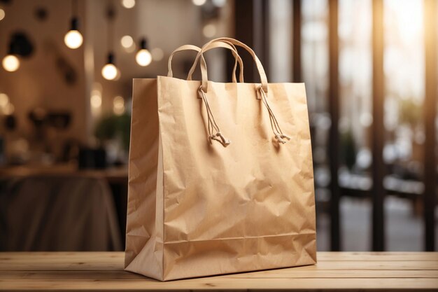 Мокет деревянной бумажной сумки для покупок на деревянном столе магазина одежды с рассеянным фоном