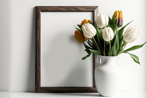 Mockup of a wooden portrait frame with tulips flowers over a white wall for displaying art