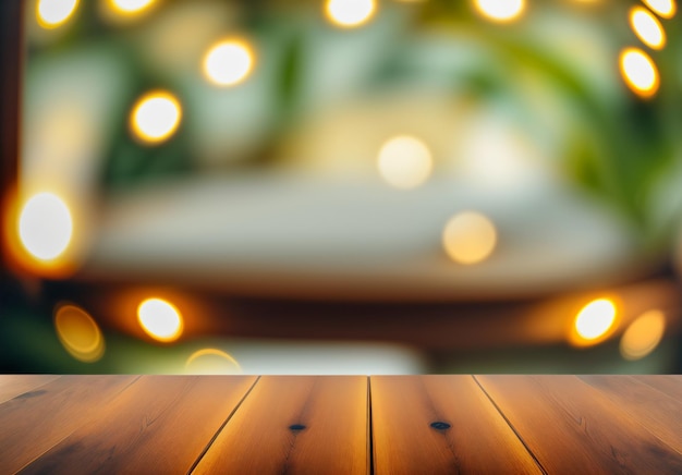 Mockup wooden table with blurred background