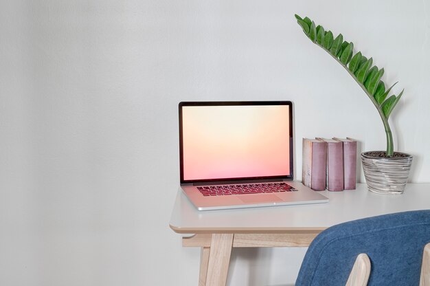 Mockup workplace or office desk with laptop, books and houseplant on white wooden top table.