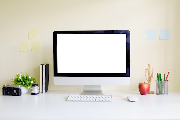 Mockup workplace with pc computer artist table camera, colour pencil and book