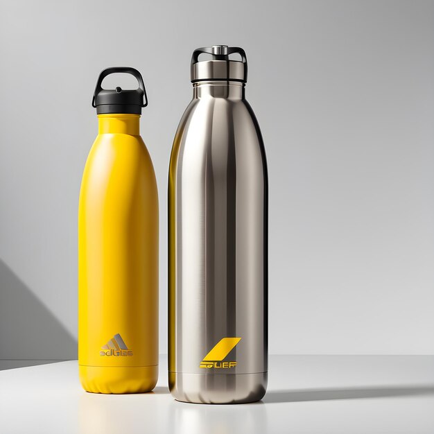 Mockup of yellow and silver thermos bottle on gray background