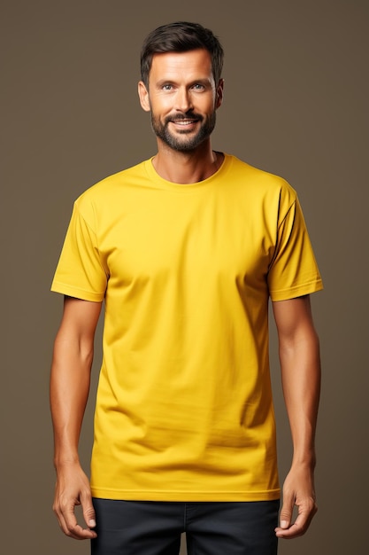 Mockup of a yellow tshirt for designing Studio shot against a brown background