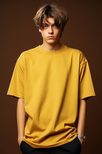 Mockup of a yellow tshirt for designing studio shot against a brown background