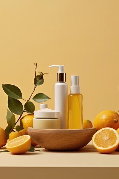 Mockups cosmetic products for skin and hair care with lemon extract natural cosmetics
