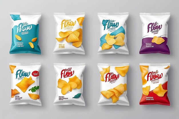 Photo mockups for flowpacks collection potato chips packaging matte