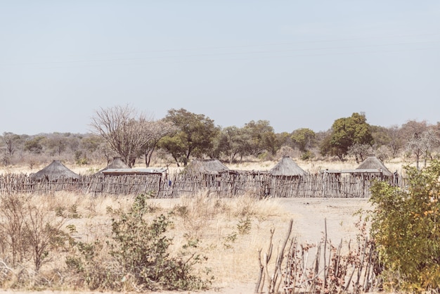 Modderstro en houten hut met rieten dak in de struik. lokaal dorp in de landelijke caprivi-strook, het dichtstbevolkte gebied in namibië, afrika.