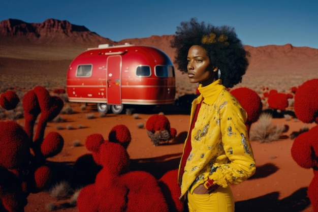 Mode afro vrouw in het felgele jasje staande in de surrealistische woestijn met abstracte pluizige rode planten en camper aanhangwagen auto op de achtergrond Realistische illustratie gegenereerd ai