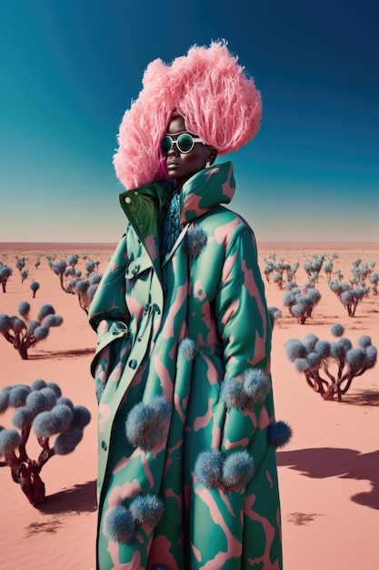 Mode afro vrouw met lang roze haar in de boho botanische jas in de surrealistische woestijn Realistische afbeelding gegenereerd ai