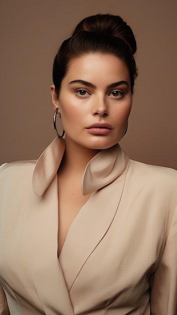 Mode beige minimalistische achtergrond met plus size model styling jong professioneel model