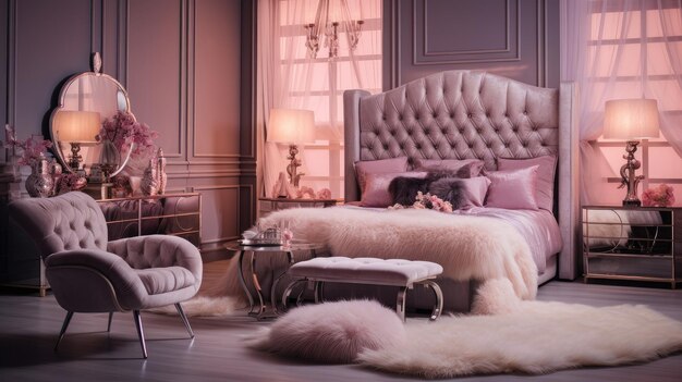 Mode en glamour Stap in de slaapkamer van een meisje boudoir het vangen van de elegantie van schoonheid make-up en haarstyling in een luxe en modieuze omgeving