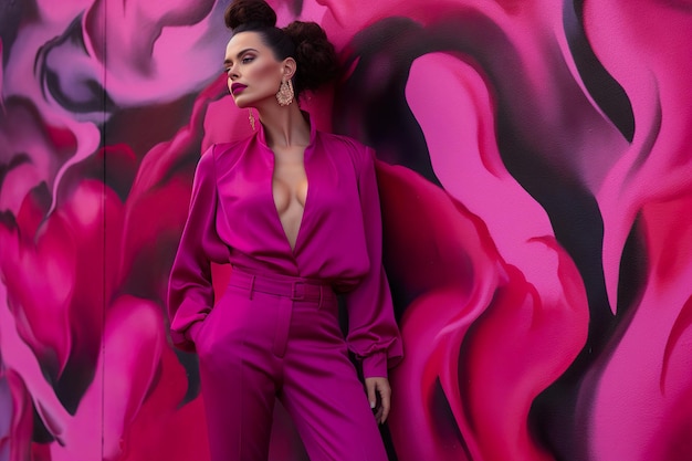 Mode geklede stijlvolle vrouw in trendy viva magenta kleuren met straatroze graffiti generatieve ai