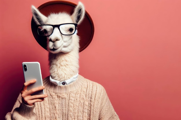 Mode Lama hipster in trendy bril met een telefoon in zijn hand