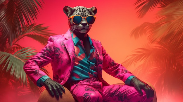 Mode luipaard zonnebril dragen in hipster stijl op tropische achtergrond Mooie luipaard Zomer naadloze Leopard huid van een proefdier achtergrond