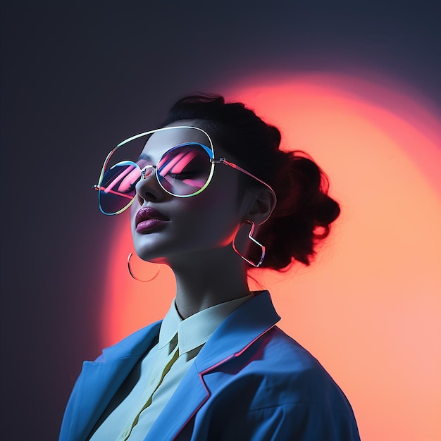 Mode portret van een jonge mooie vrouwen neon bril kleurrijke achtergrond