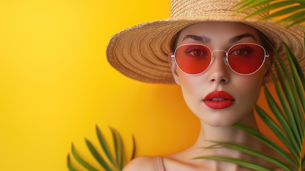 Foto mode portret van een mooi meisje in zomer hoed en zonnebril op gele achtergrond