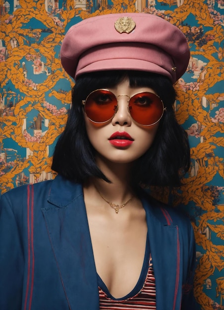 Mode portret van jonge mooie Aziatische vrouw met kort haar en zonnebril in een stijlvolle jurk ai generatieve