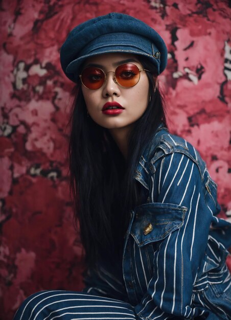 Mode portret van jonge mooie Aziatische vrouw met kort haar en zonnebril in een stijlvolle jurk ai generatieve