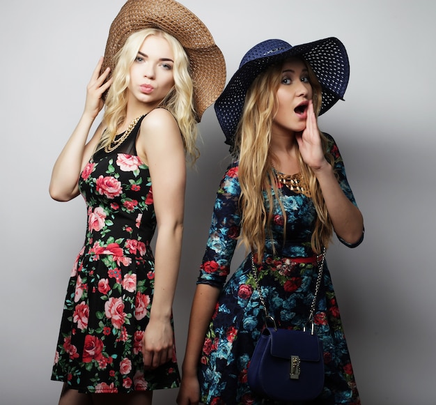 Mode portret van twee stijlvolle sexy meisjes beste vrienden, gekleed in jurk en hoeden. Gelukkige tijd voor plezier.
