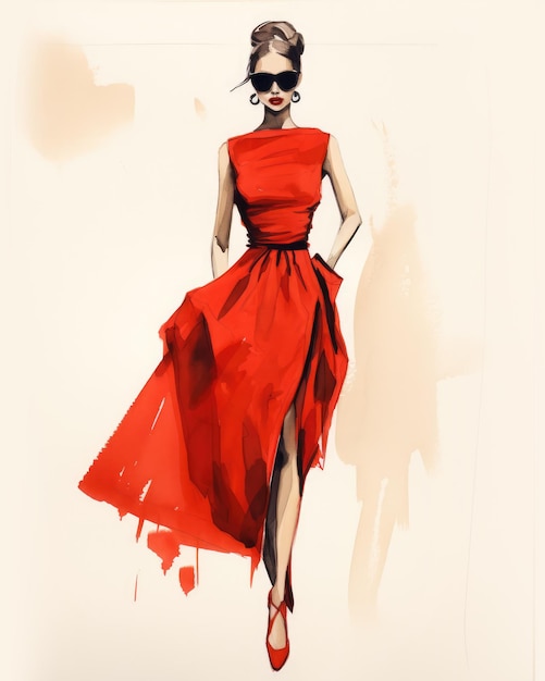 Foto mode schets mode illustratie op een papier gestructureerd leeg volledige lengte meisje in rode jurk