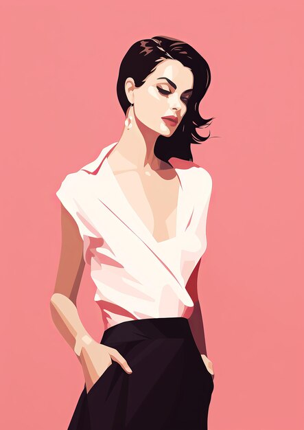 Foto mode stijl vrouw minimale vector illustratie op roze achtergrond eenvoudig poster ontwerp