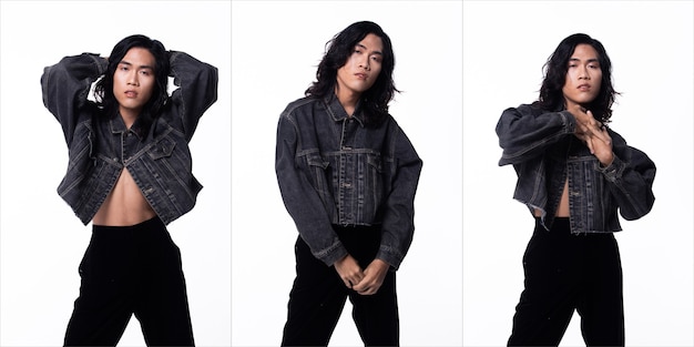 Mode Stijlvolle jongen pose acteren in Jean Jacket, hij heeft zwart haar en een slank lichaam. Studio schieten over grijze achtergrond geïsoleerd in Collage groepspakket van drie