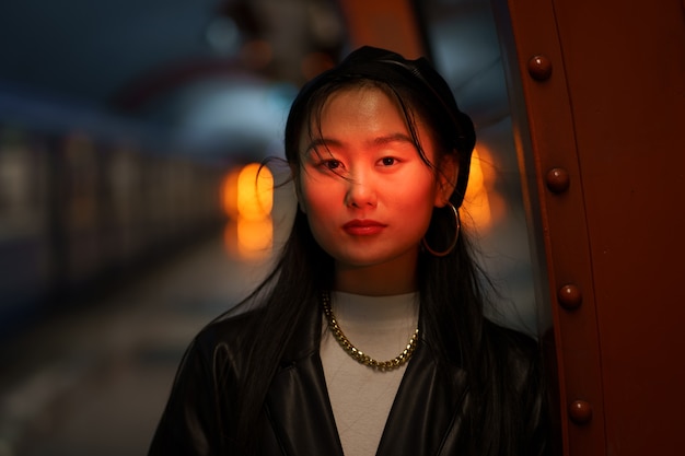 Mode streetstyle portret van jonge chinees in trendy outfit kleding leren jas en baret
