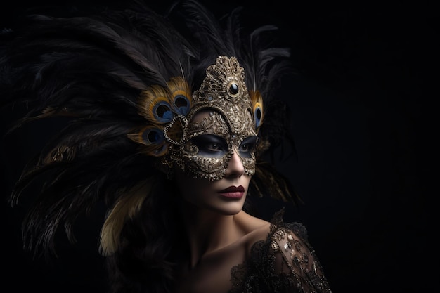 Mode studio foto van een mooie vrouw die een elegant carnavalmasker draagt op een zwarte achtergrond