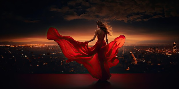 Mode vrouw in rode fladderende jurk achterkant achteraanzicht glamour model dansen met lange zijden stof vliegen op de wind over nachtelijke hemel stadslicht landschap