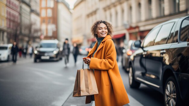 Mode vrouw met boodschappentassen lopen op straat Generatieve ai