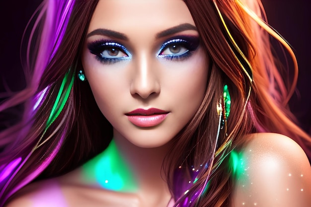 Mode vrouw portret met heldere kunst gloeiende glitter make-up en kleurrijke haar op neonlichten