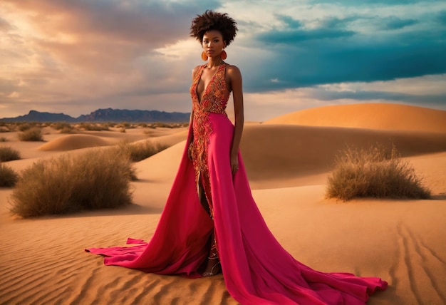 modefoto van een mooie vrouw in een lange luxe jurk die poseert